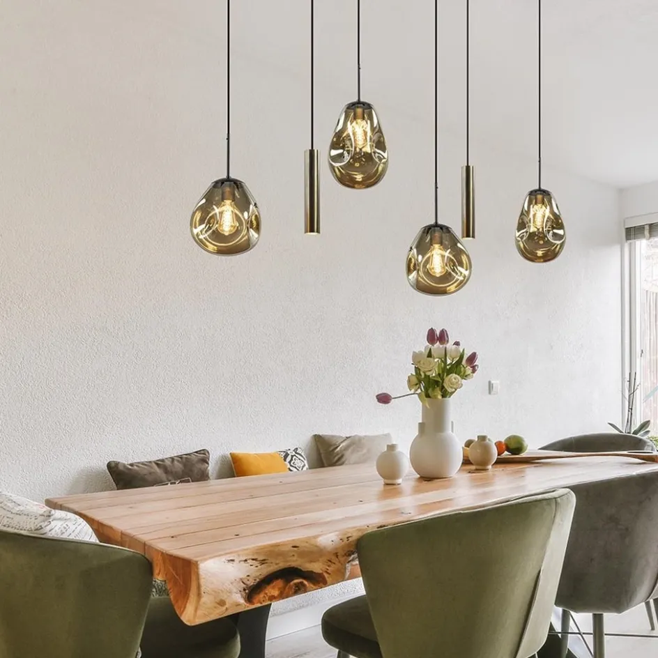 Luxe 6-lichts hanglamp met goud glas en cilinders>Straluma Best