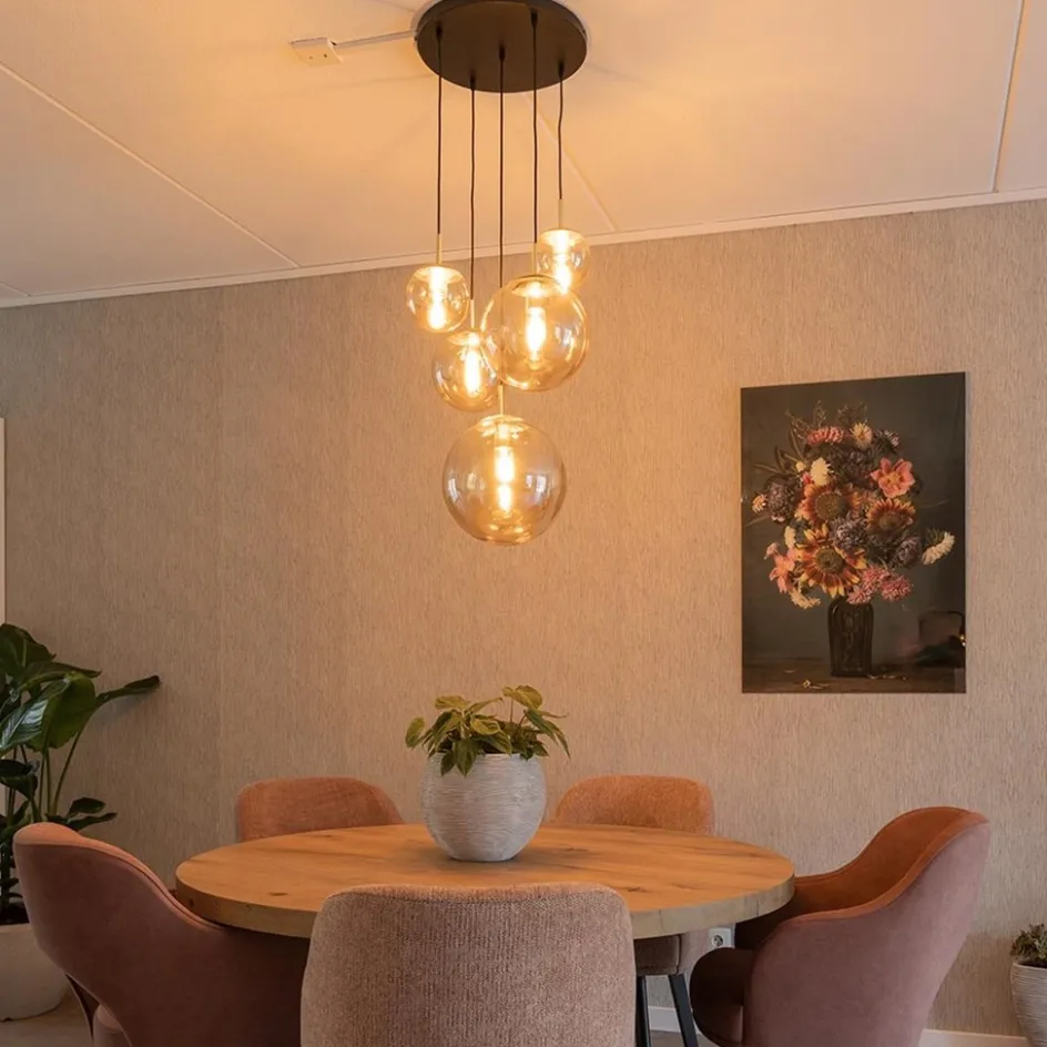 Luxe 5-lichts videlamp messing met amber glazen bollen>Straluma Clearance
