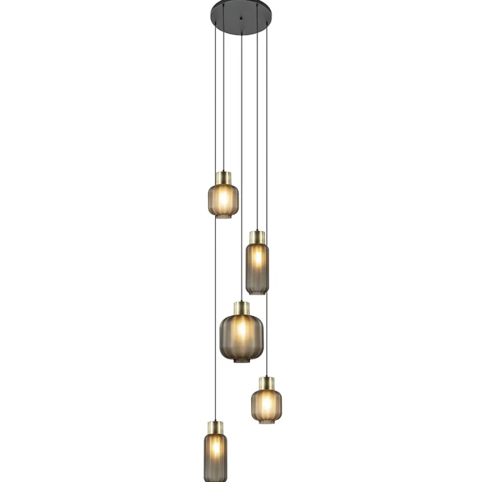 Luxe 5-lichts videlamp zwart/brass met mat zwart glas>Straluma Sale