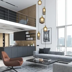 Luxe 5-lichts videlamp zwart/brass met mat zwart glas><noscript><img width=