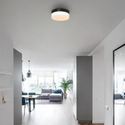 Mat zwarte LED plafondlamp met wit glas IP44 dimbaar><noscript><img width=