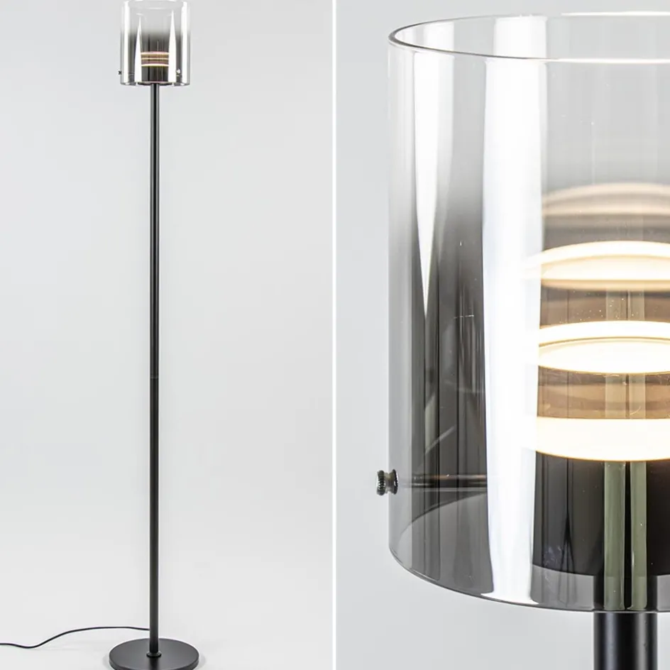 Mat zwarte LED vloerlamp met glazen kap helder/titanium>Straluma Best