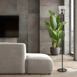 Mat zwarte LED vloerlamp met glazen kap helder/titanium><noscript><img width=