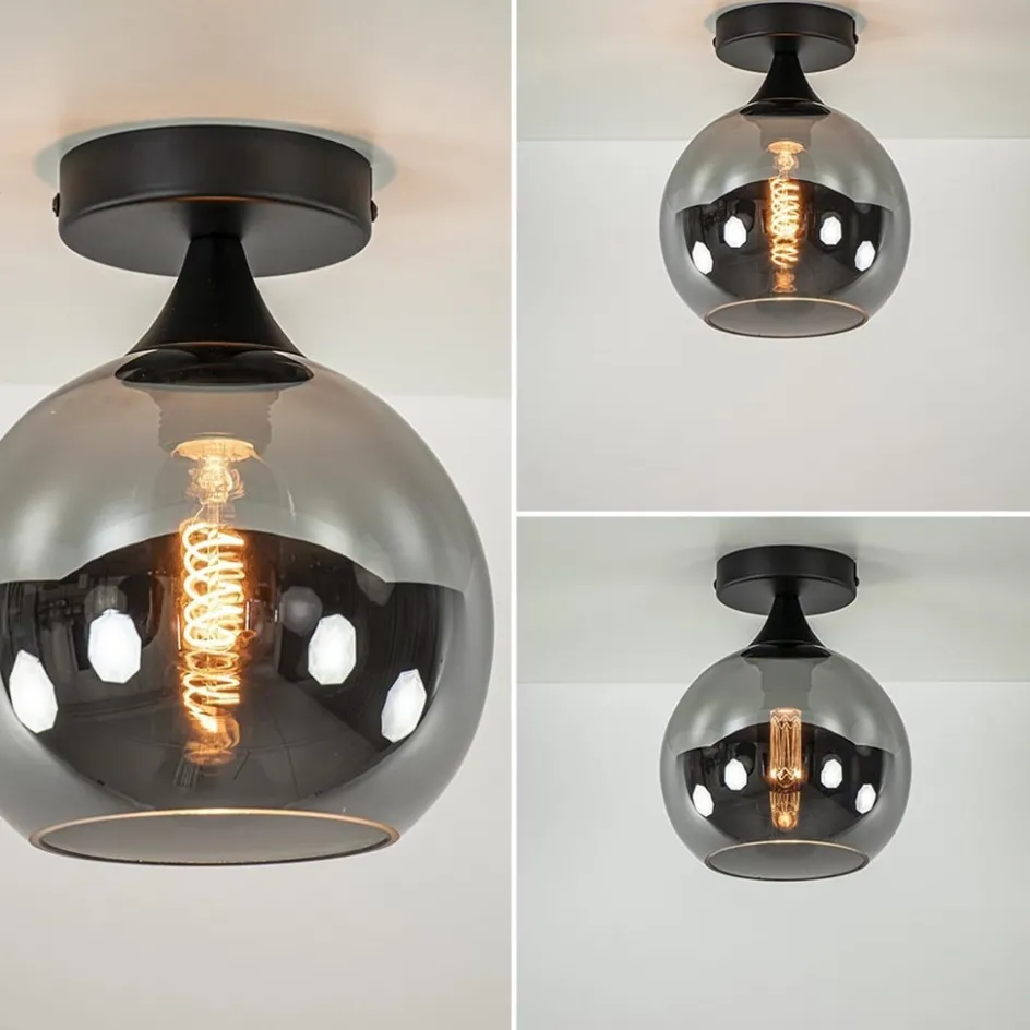 Mat zwarte plafondlamp met smoke glazen bol klein>Straluma Clearance