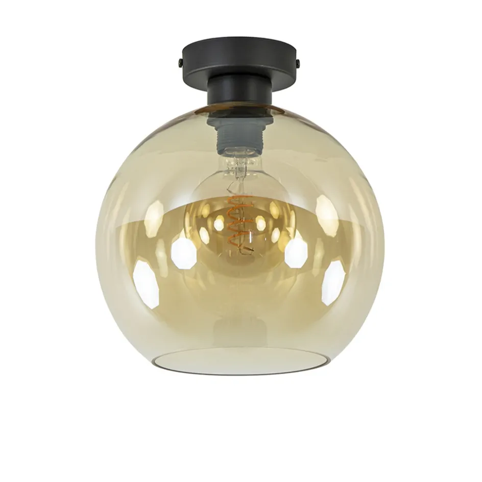 Mat zwarte plafondlamp met amber glazen bol>Straluma Online