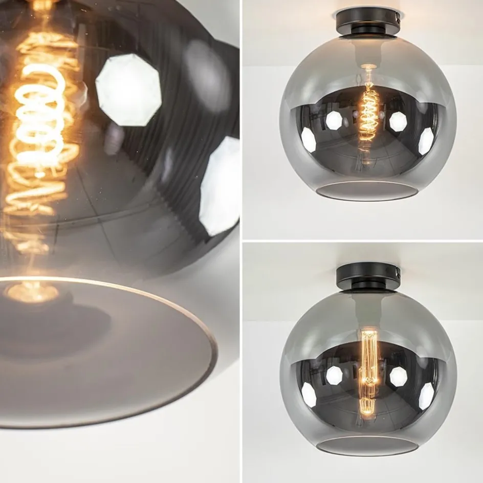 Mat zwarte plafondlamp met smoke glazen bol 30 cm>Straluma New