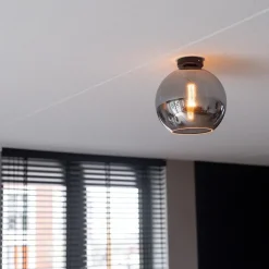 Mat zwarte plafondlamp met smoke glazen bol 30 cm><noscript><img width=