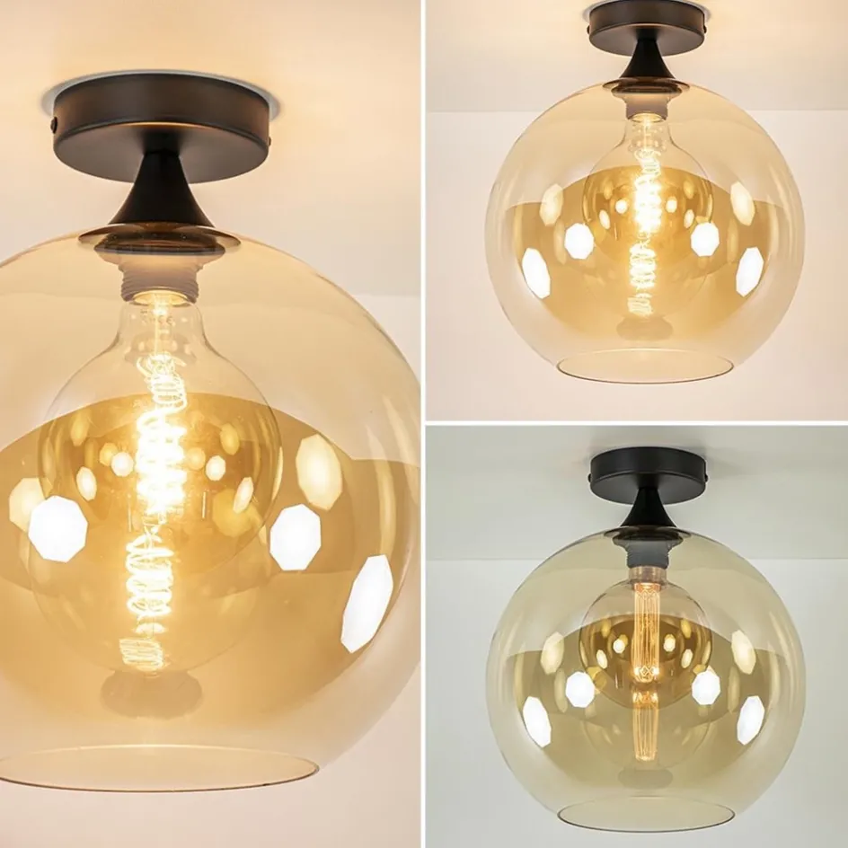 Mat zwarte plafondlamp met amber glazen bol 30 cm>Straluma Best