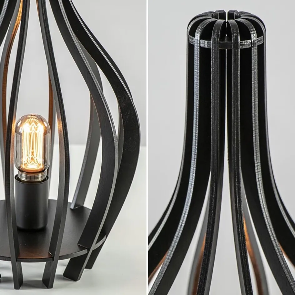 Mat zwarte tafellamp houten kegel>Straluma New