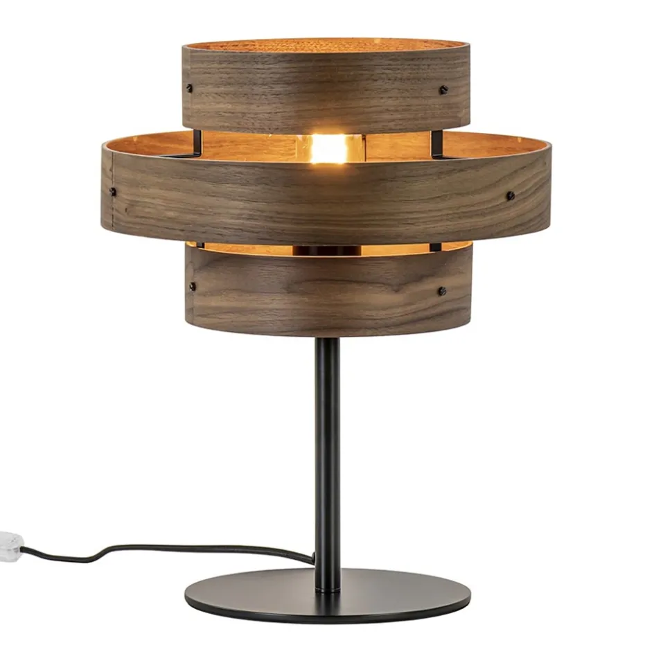 Mat zwarte tafellamp met walnoot houten kap>Straluma