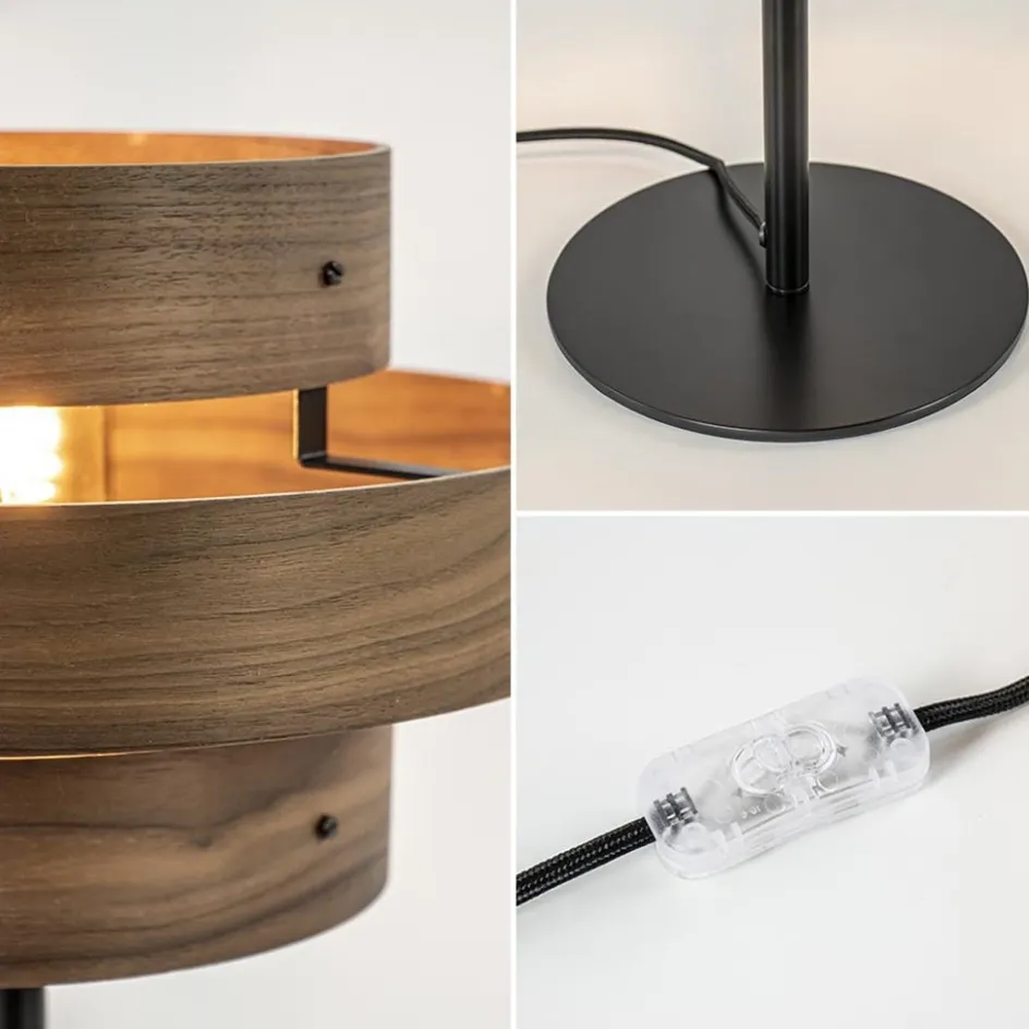 Mat zwarte tafellamp met walnoot houten kap>Straluma