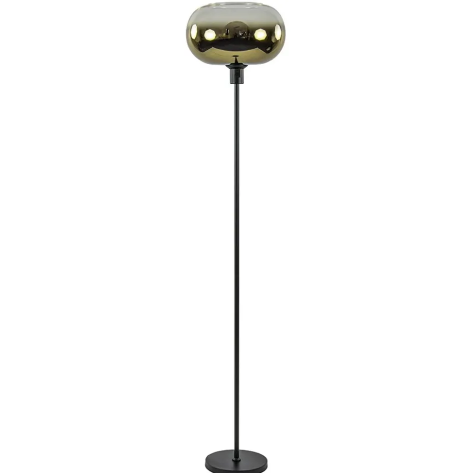 Mat zwarte vloerlamp met glazen kap helder/goud>Straluma