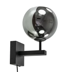 Mat zwarte wandlamp met smoke glazen bol 20 cm>Straluma