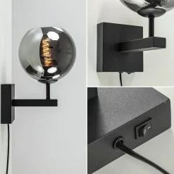 Mat zwarte wandlamp met smoke glazen bol 20 cm><noscript><img width=