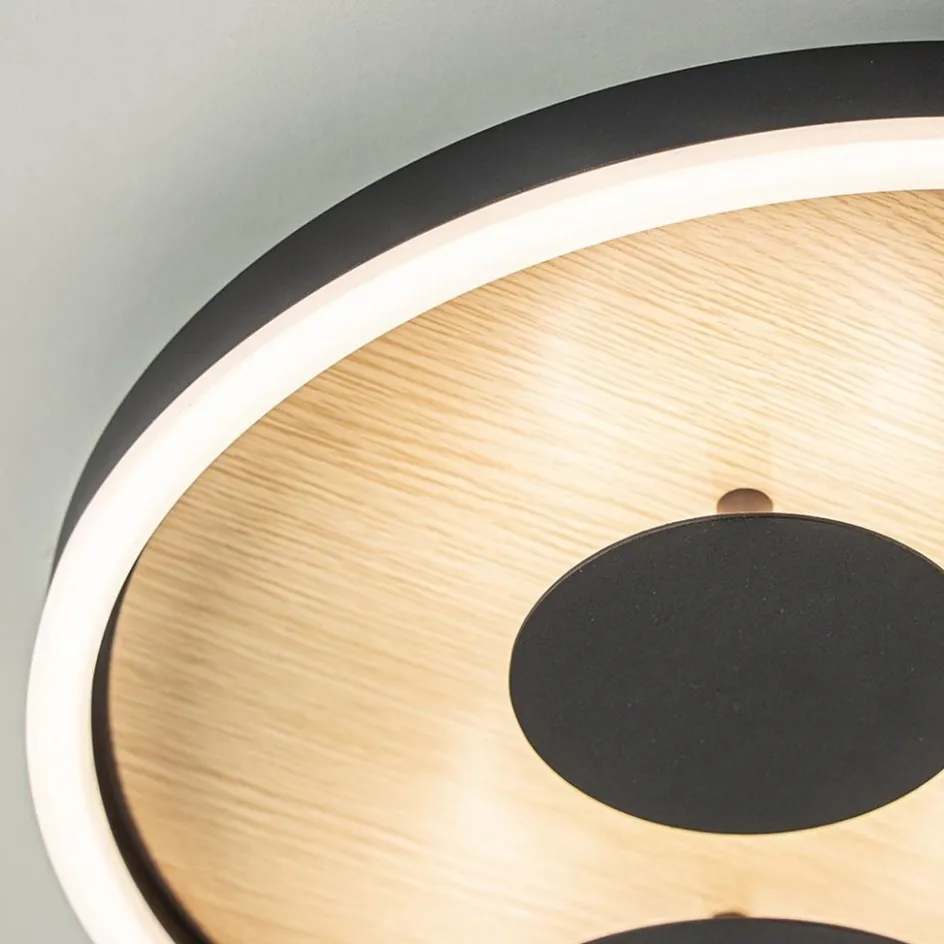 Moderne LED plafondlamp zwart met houtlook 40 cm dimbaar>Straluma Sale