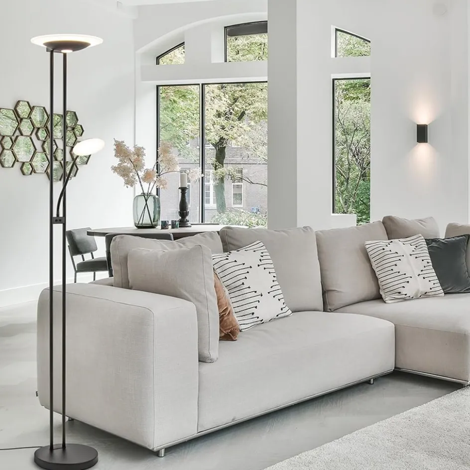 Moderne LED vloerlamp met uplighter en leeslamp mat zwart>Straluma Online