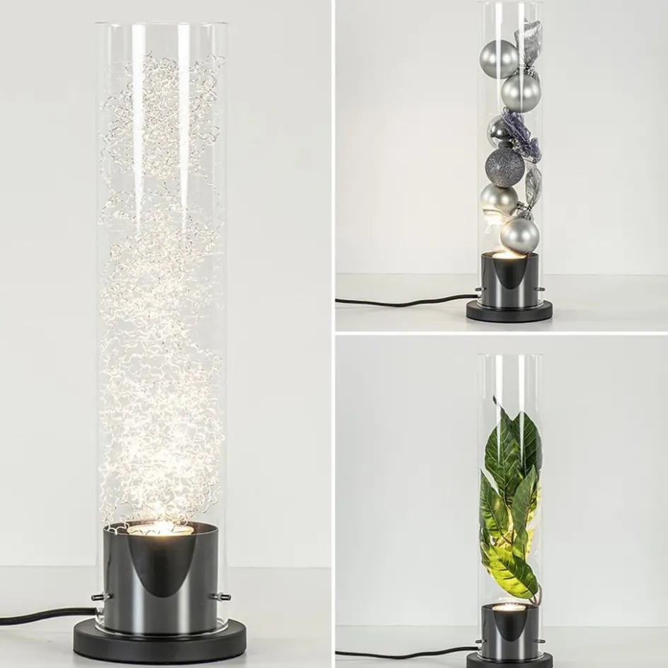 Moderne tafellamp cilinder helder glas met zwart en zilver>Straluma Clearance