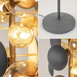 Moderne vloerlamp grijs/goud met amber glas><noscript><img width=