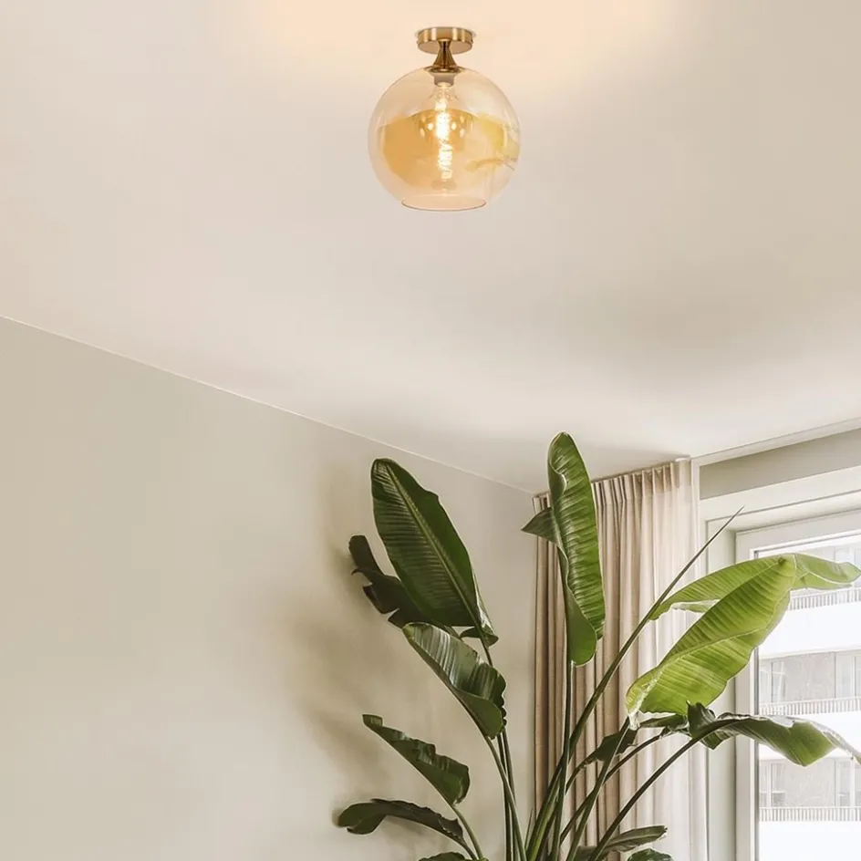 Plafondlamp goud met amber glazen bol 30 cm>Straluma Discount
