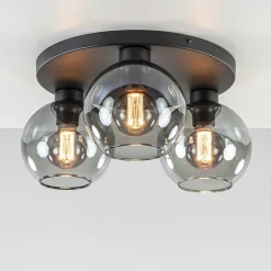 Plafondlamp 3L zwart  bolglas smoke>Straluma Outlet