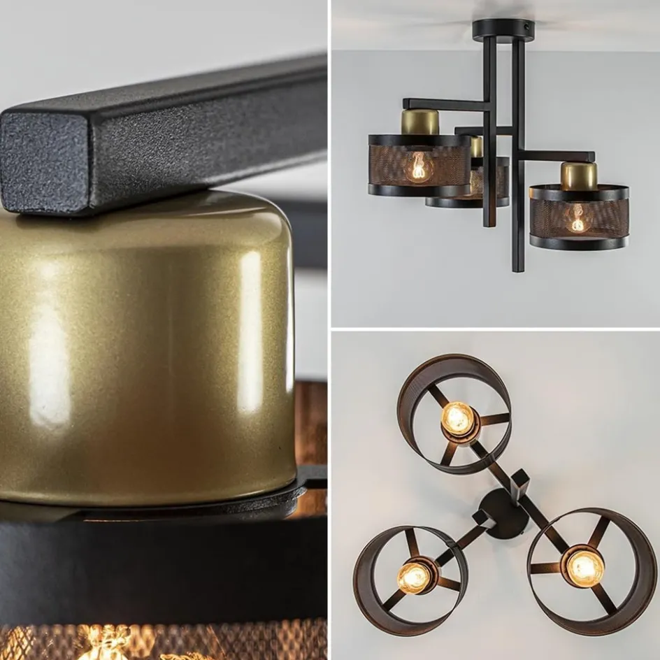 Plafondlamp 3L zwart/goud cilinder geperforeerd>Straluma New