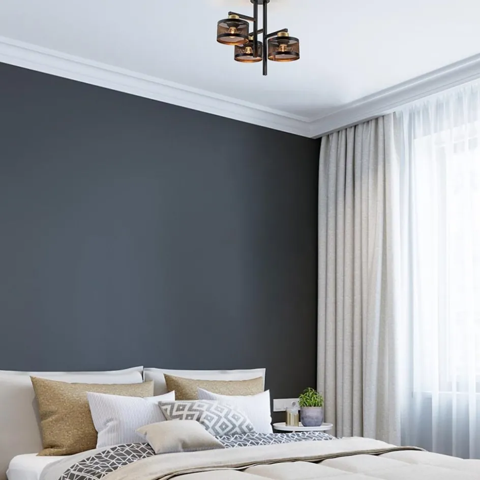 Plafondlamp 3L zwart/goud cilinder geperforeerd>Straluma New