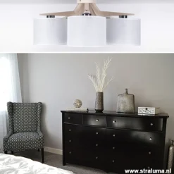 Plafondlamp 5-lichts hout/cilinderkap wit><noscript><img width=