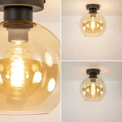 Plafondlamp zwart met amber glas 20 cm><noscript><img width=