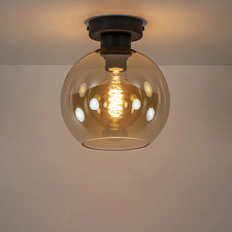 Plafondlamp zwart met amber glas 20 cm>Straluma Best