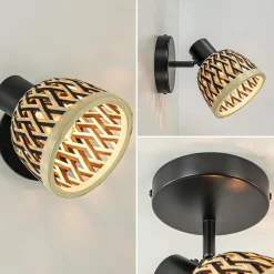 Plafondlamp/wandlamp zwart met bamboe kap verstelbaar><noscript><img width=