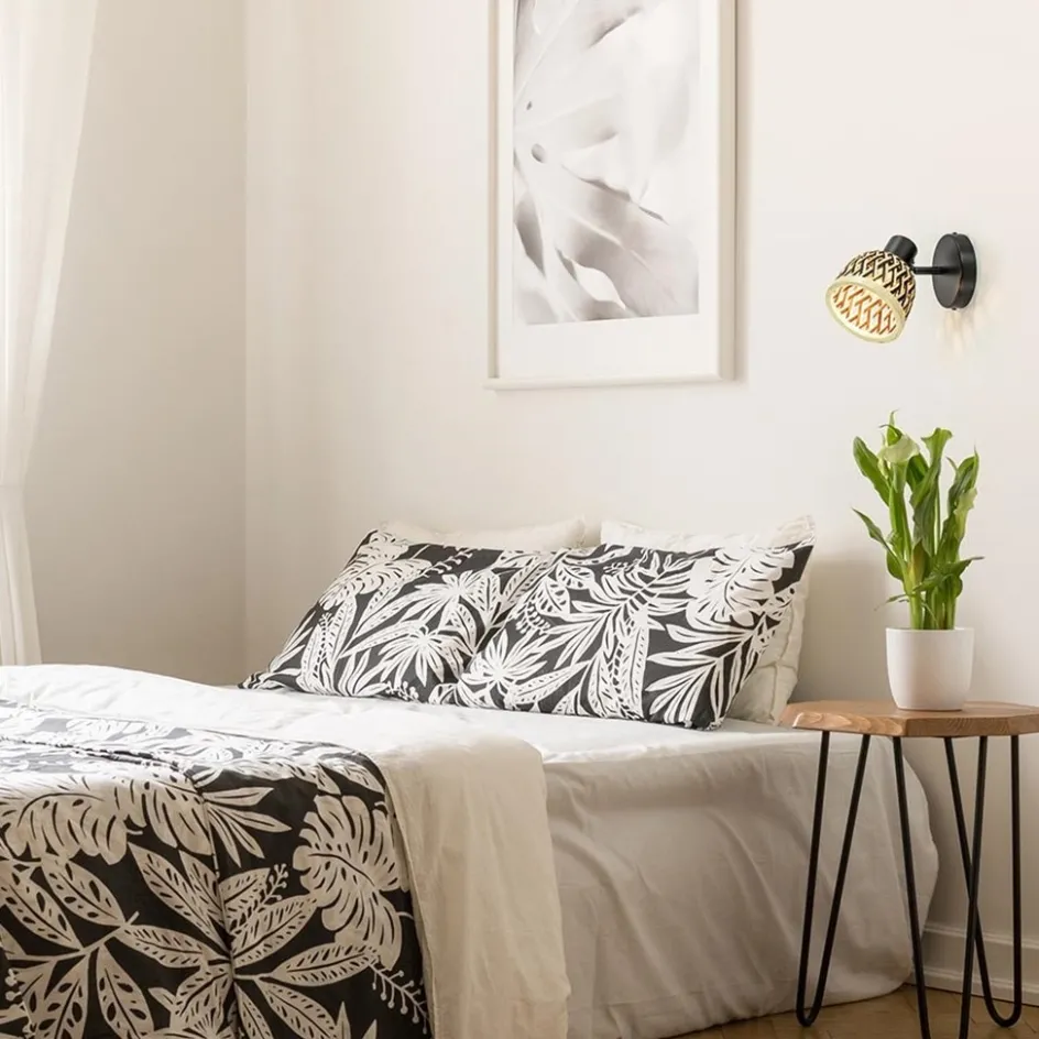 Plafondlamp/wandlamp zwart met bamboe kap verstelbaar>Straluma Sale