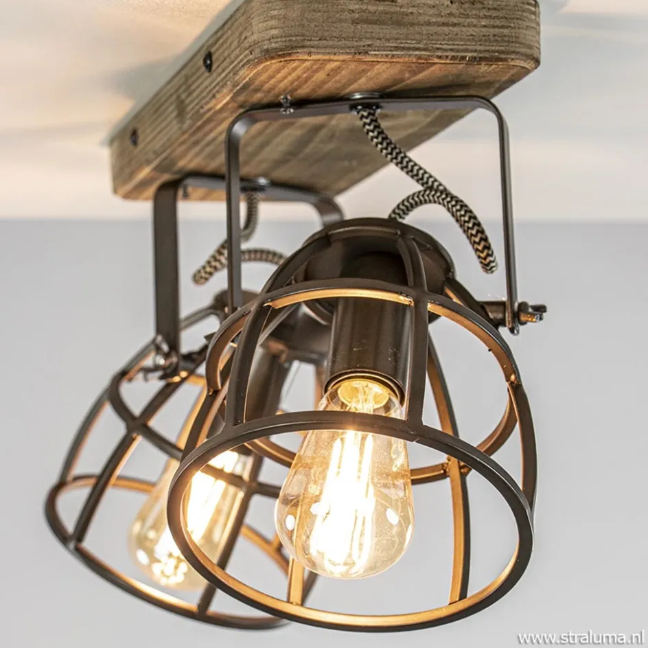 Plafondspot 2-L korf zwart/hout industr.>Straluma Clearance