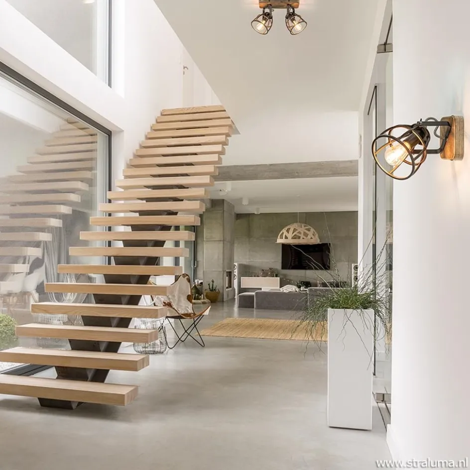 Plafondspot 2-L korf zwart/hout industr.>Straluma Clearance