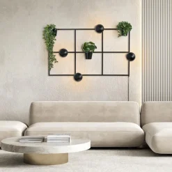 Rechthoekige wandlamp zwart frame met plantenpotten><noscript><img width=