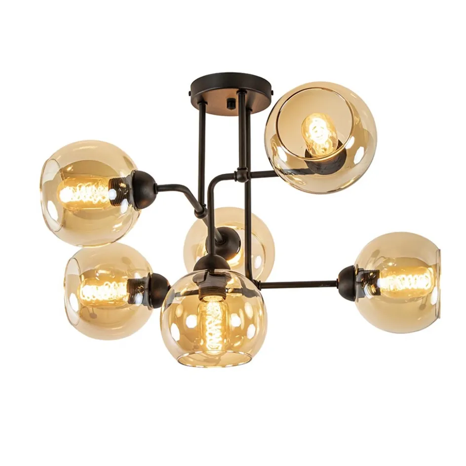 Retro plafondlamp zwart met amber glas 6-lichts>Straluma Clearance