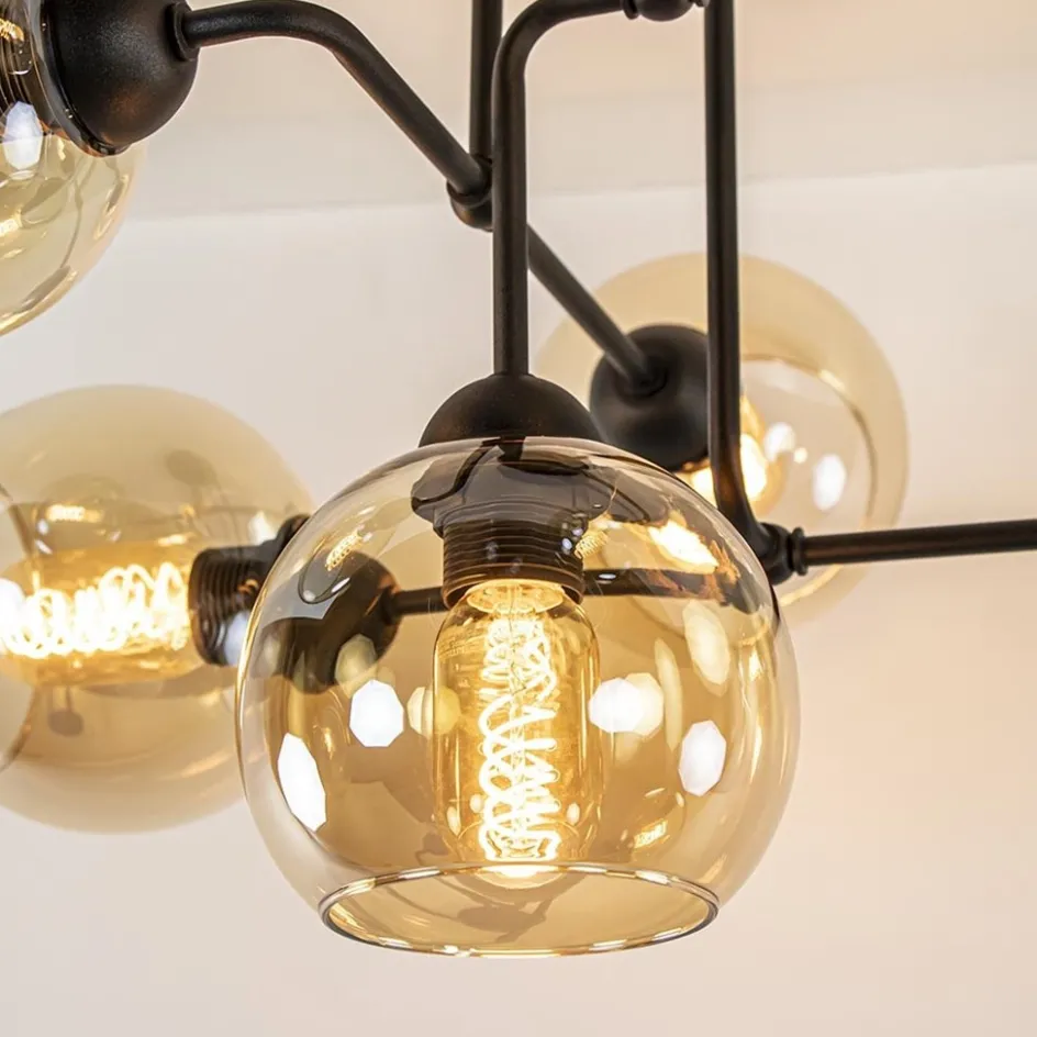 Retro plafondlamp zwart met amber glas 6-lichts>Straluma Clearance