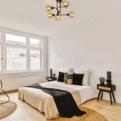 Retro plafondlamp zwart met amber glas 6-lichts><noscript><img width=