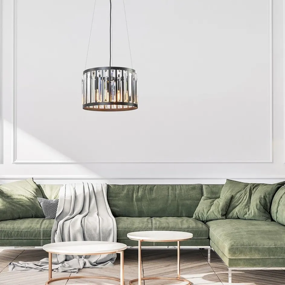 Ronde hanglamp mat zwart met kristalglas>Straluma