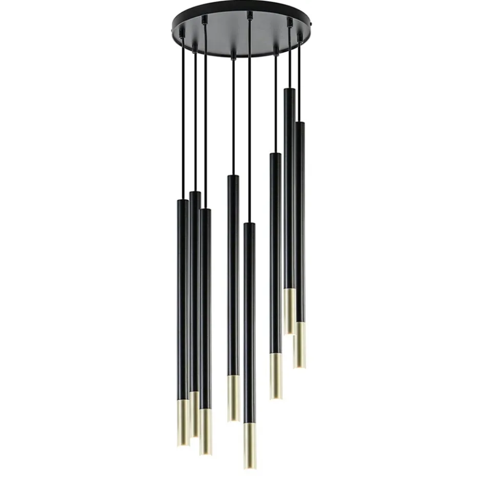 Ronde 8-lichts hanglamp cilinders zwart goud>Straluma Online