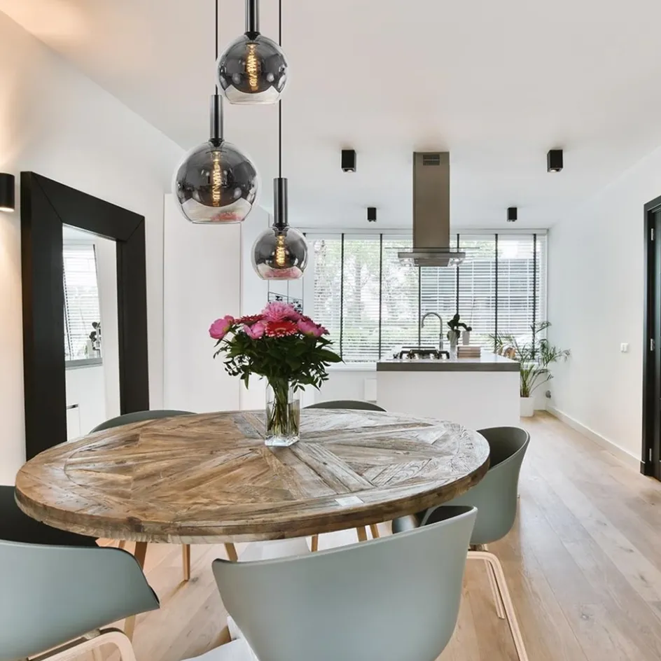 Ronde 3-lichts hanglamp met diverse smoke glazen kappen>Straluma