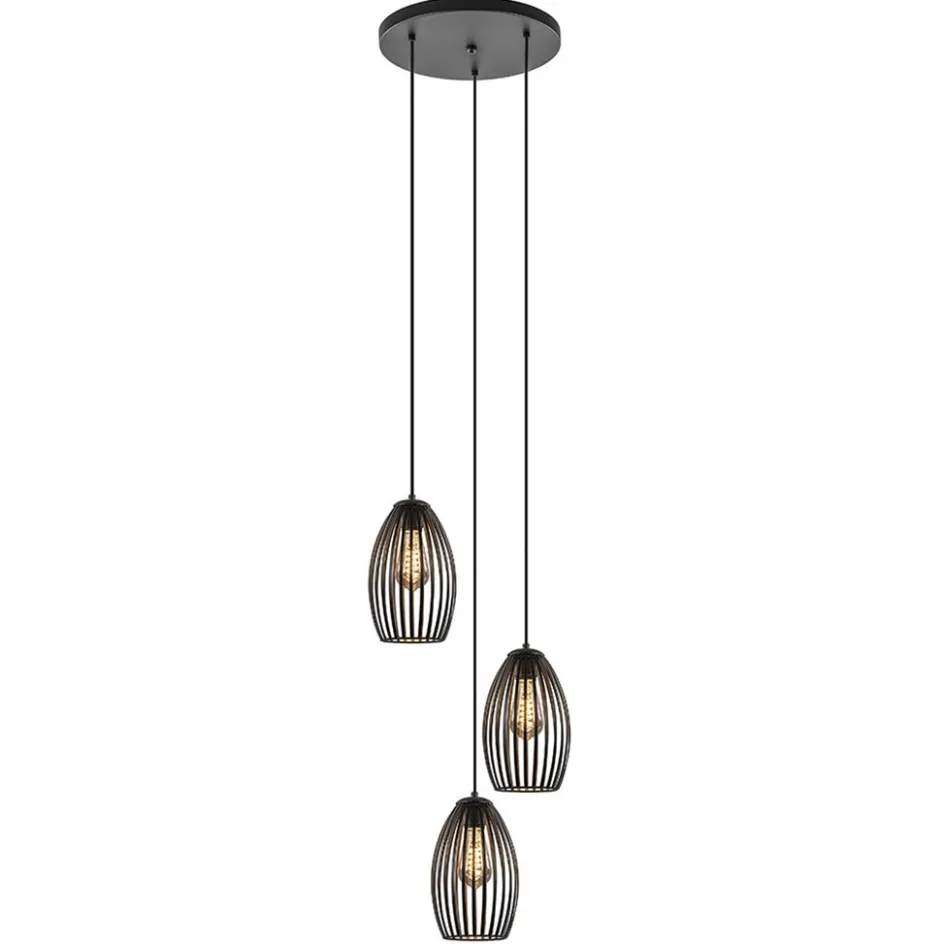 Ronde 3-lichts hanglamp met draadkappen mat zwart>Straluma Clearance