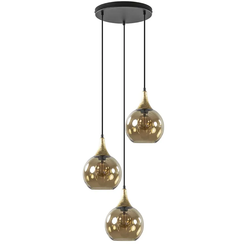 Ronde 3-lichts hanglamp zwart met goud en amber glas>Straluma Sale