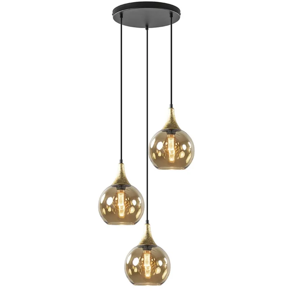 Ronde 3-lichts hanglamp zwart met goud en amber glas>Straluma Sale