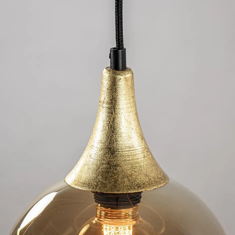 Ronde 3-lichts hanglamp zwart met goud en amber glas>Straluma Sale
