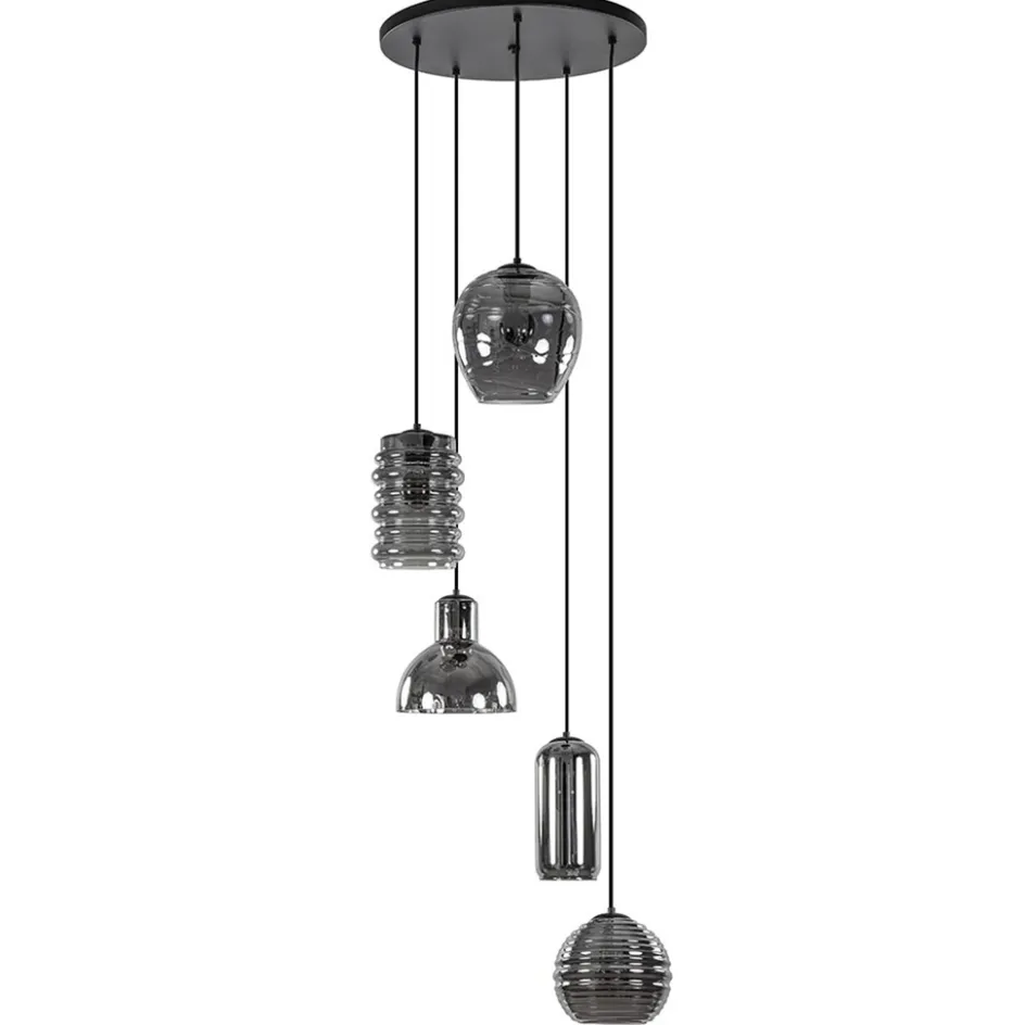 Ronde 5-lichts hanglamp zwart met diverse smoke glazen>Straluma Outlet