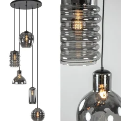 Ronde 5-lichts hanglamp zwart met diverse smoke glazen>Straluma Outlet