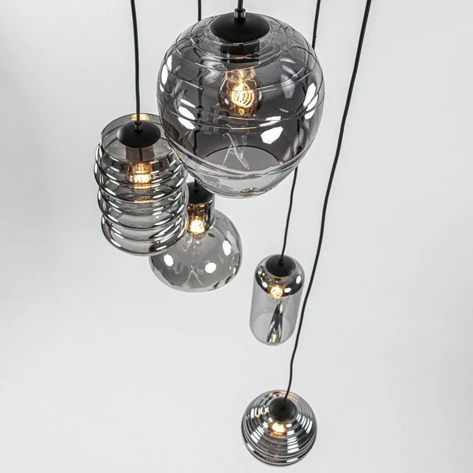 Ronde 5-lichts hanglamp zwart met diverse smoke glazen>Straluma Outlet