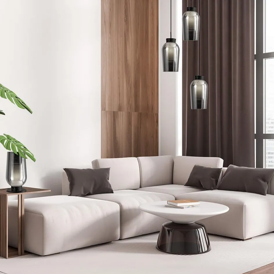 Ronde 3-lichts hanglamp zwart/marmer met smoke glas>Straluma Discount