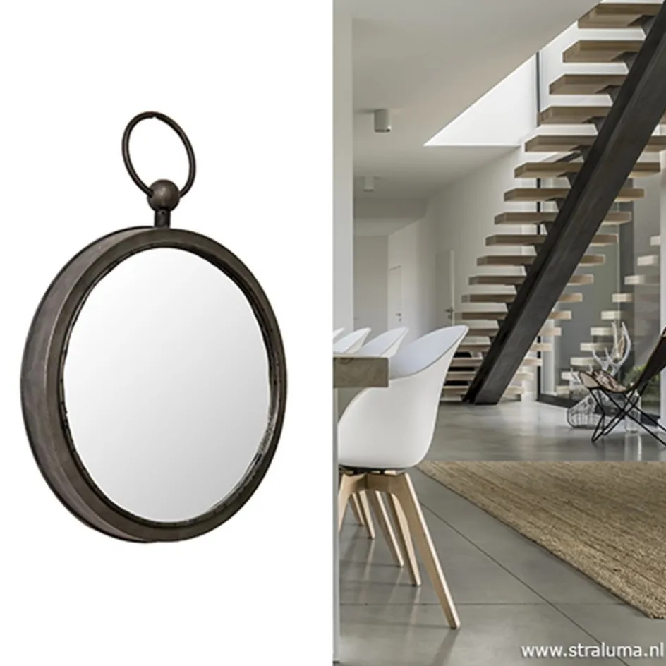 Ronde metalen spiegel zink/grijs klein>Straluma Outlet