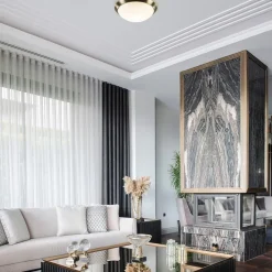 Ronde plafondlamp brons met wit glazen kap><noscript><img width=